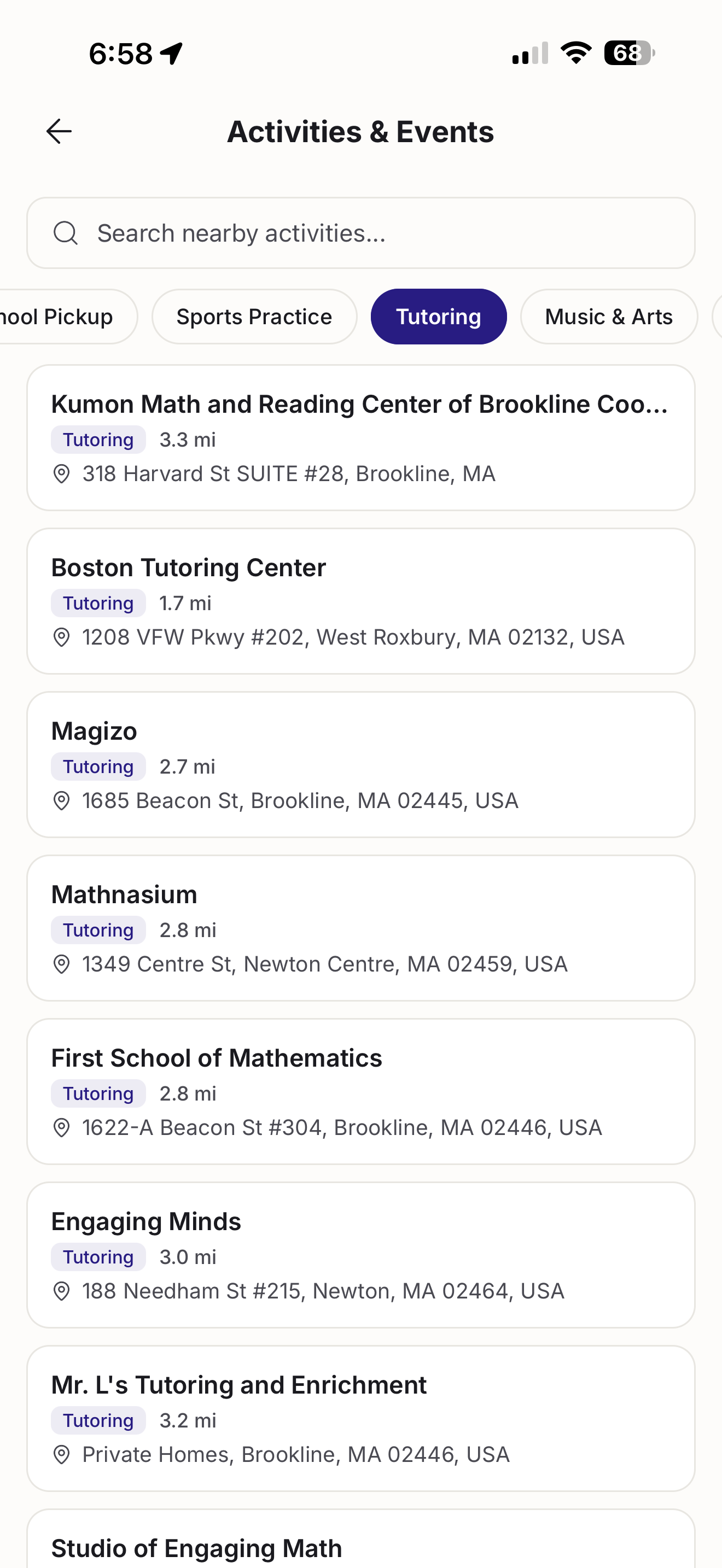 Activities and events discovery for tutoring, sports, and music