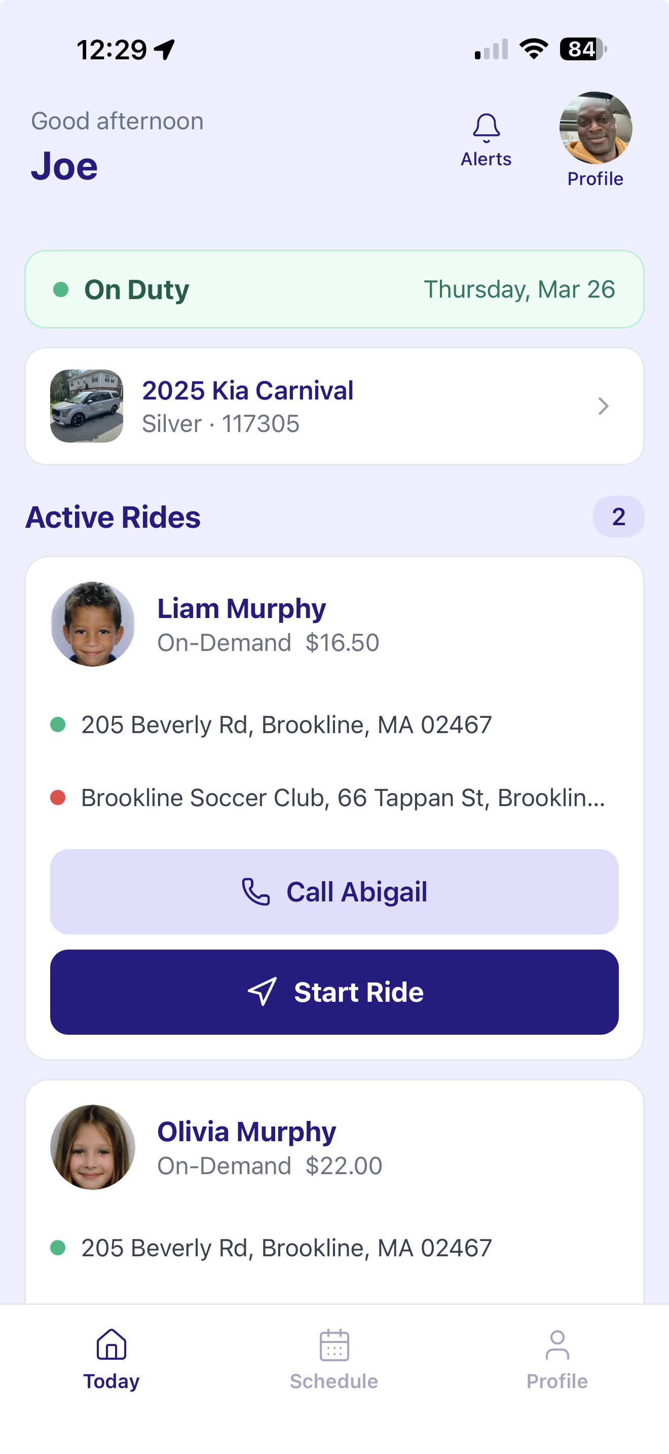 Driver app homescreen with vehicle info and active ride assignments