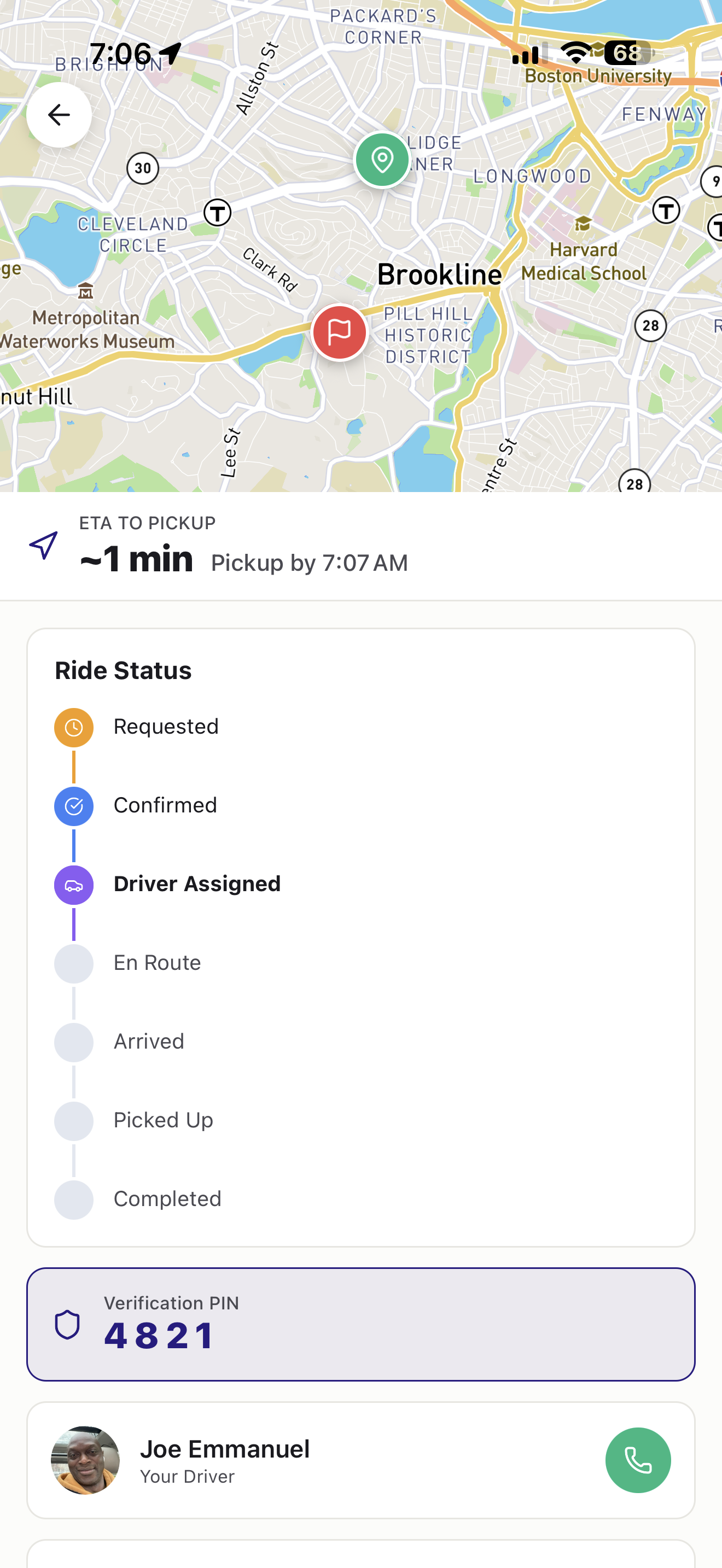 Live ride tracking with map, status timeline, verification PIN, and driver info