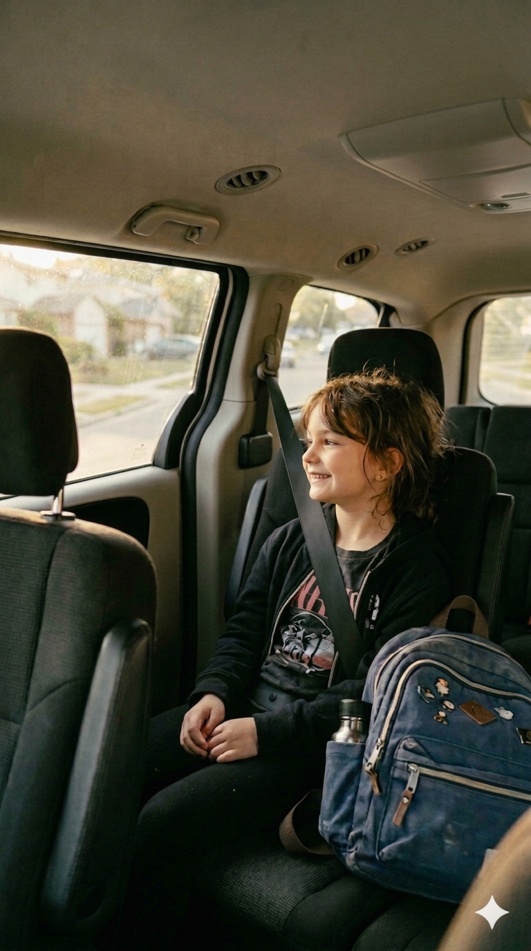 Child safely riding in SkoolMotion vehicle