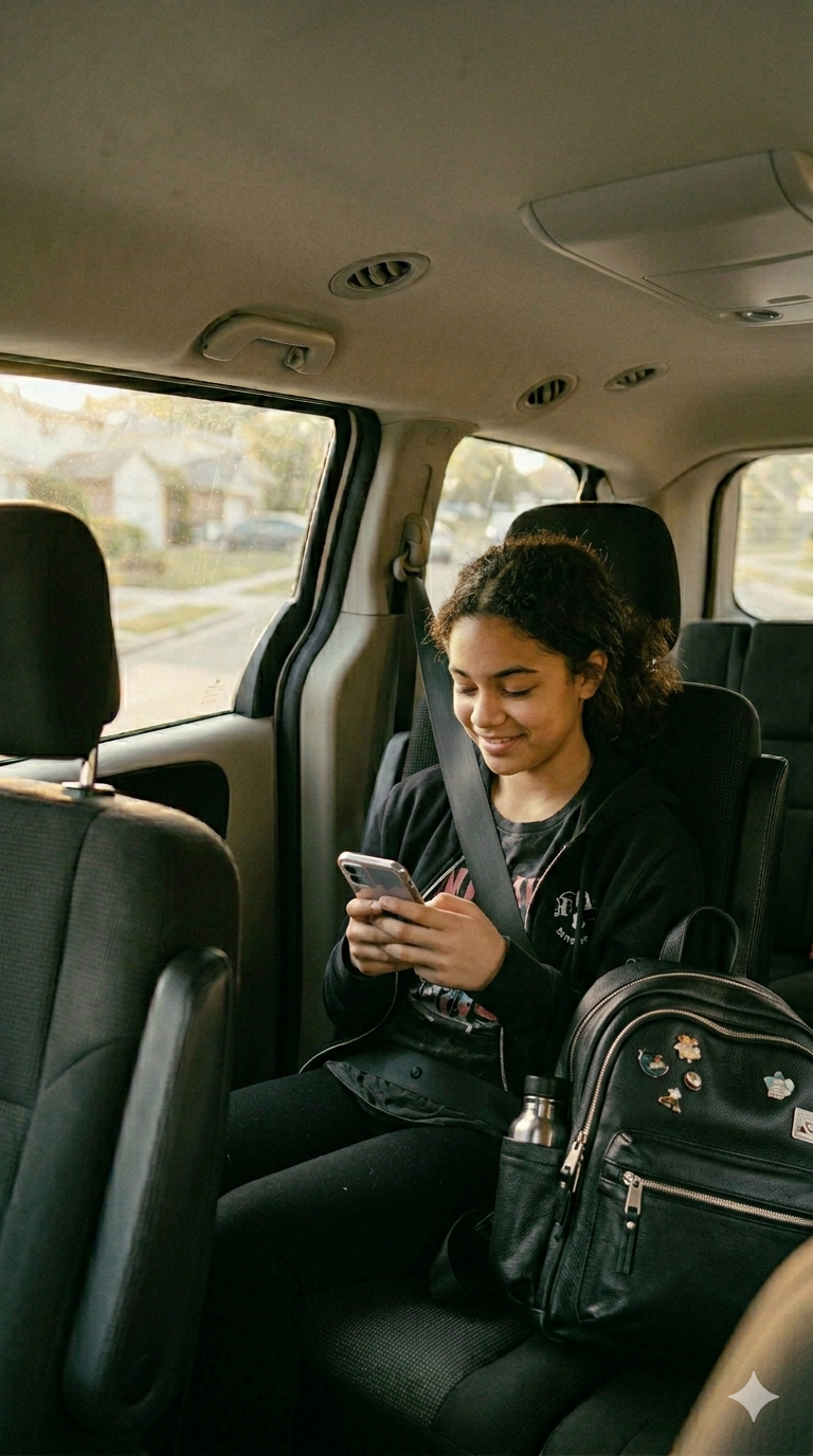Student with phone in SkoolMotion vehicle