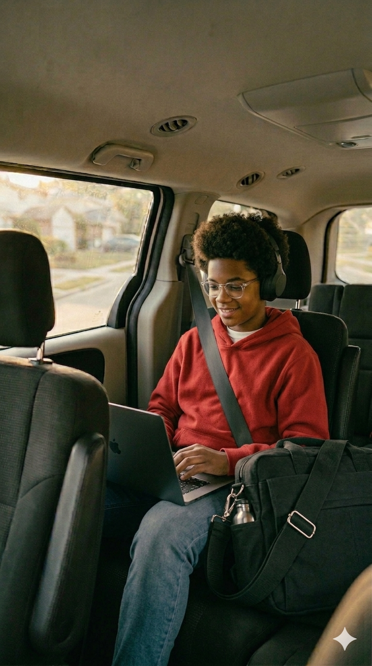 Student with laptop in SkoolMotion vehicle