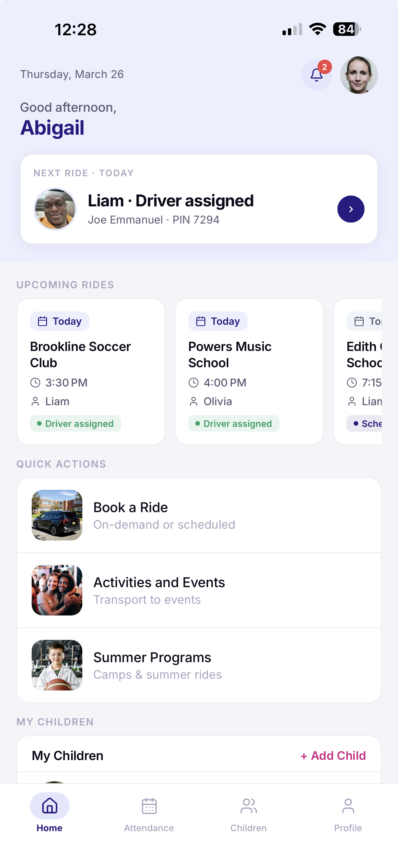 SkoolMotion parent app showing upcoming rides, quick actions, and children management